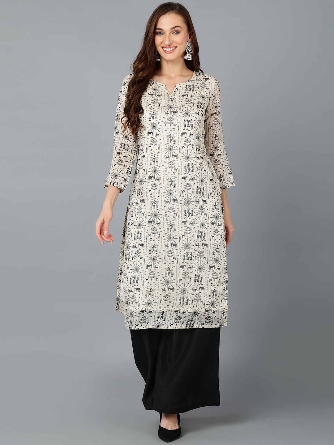

AHIKA Quirky Printed Notched Neck Kurta, Off white