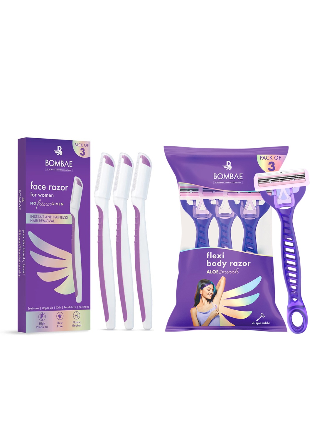 

BOMBAE Women 3 Pcs Aloe Smooth Flexi Body Razor & 3 Pcs No Fuzz Given Face Razor, Purple