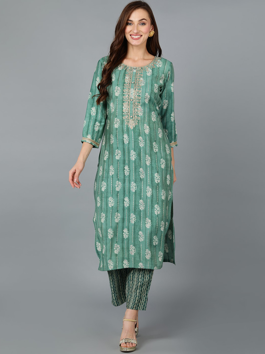 

AHIKA Ethnic Motifs Printed Sequinned Kurta, Green