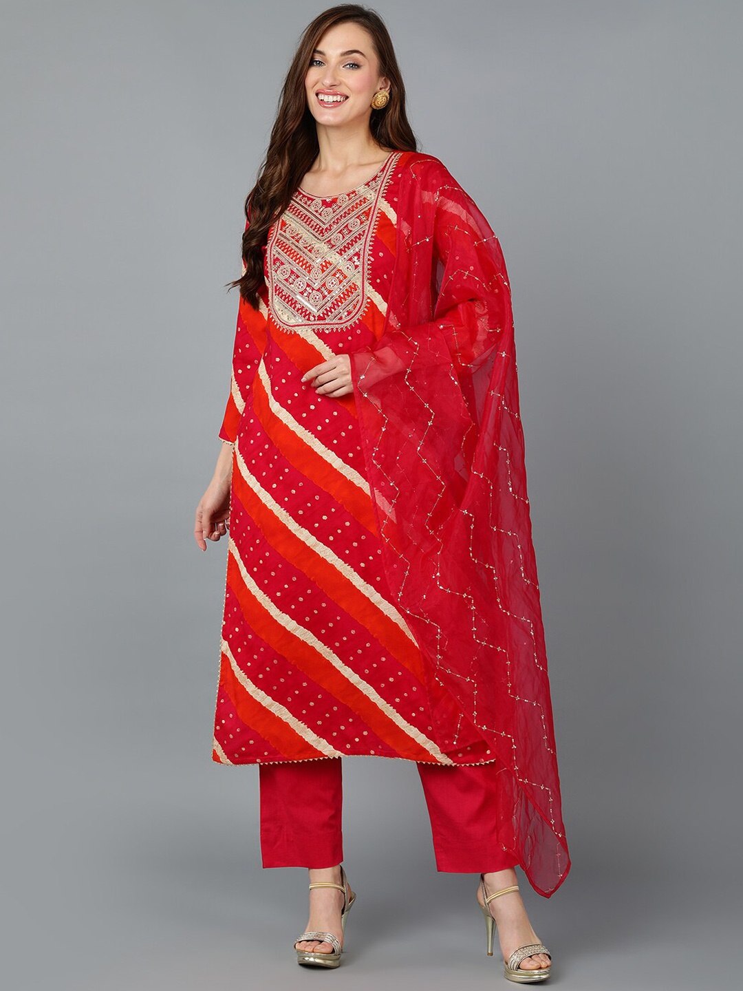

AHIKA Round Neck Leheriya Embroidered Sequinned Kurta With Trousers & Dupatta, Red