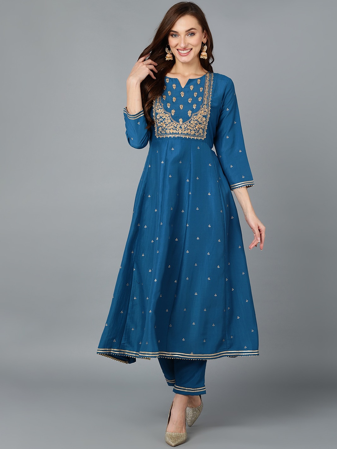 

AHIKA Ethnic Motifs Yoke Design Round Neck Gotta Patti Anarkali Kurta, Blue