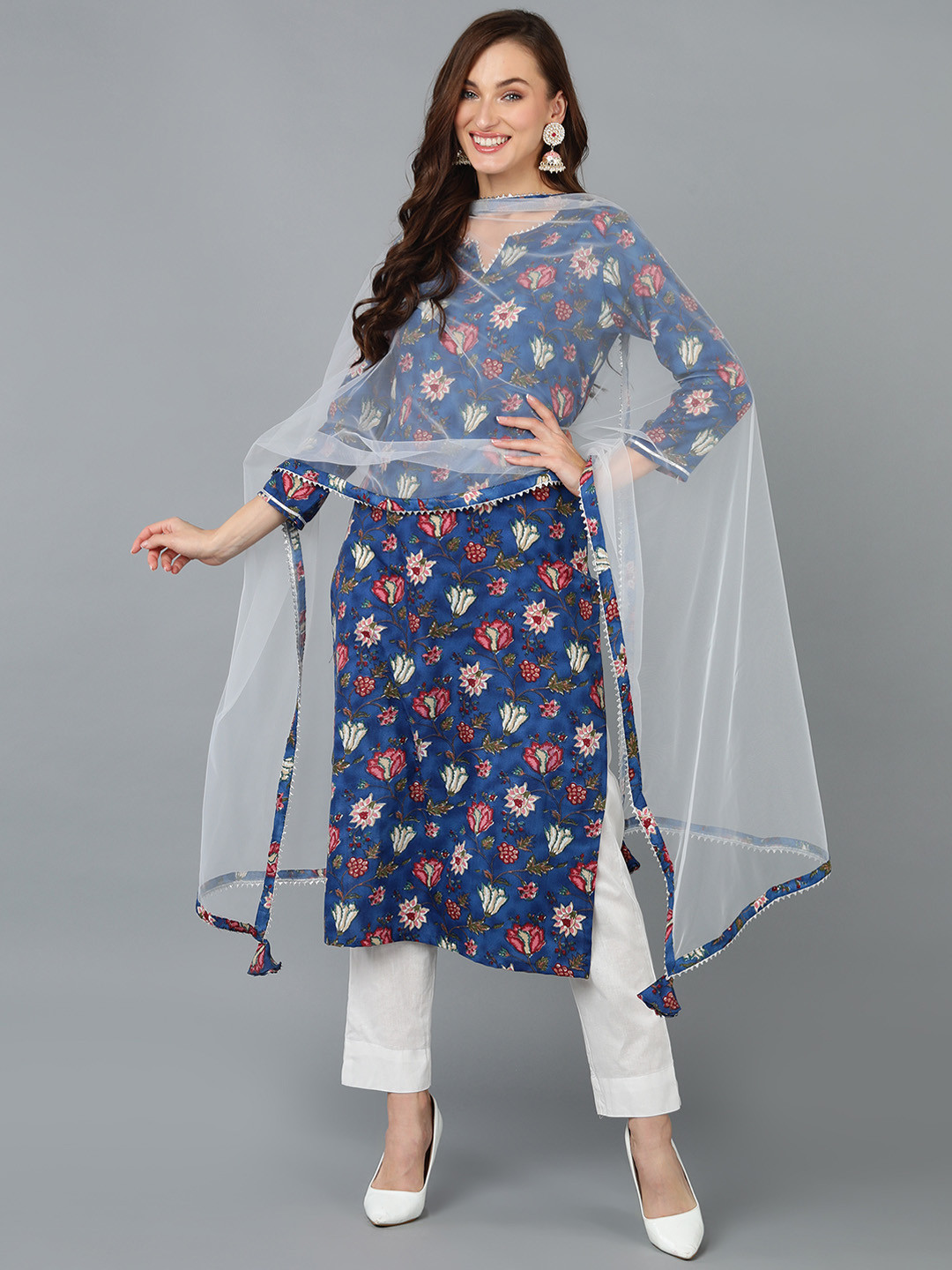 

AHIKA Notch Neck Floral Printed Kurta With Trousers & Dupatta, Blue