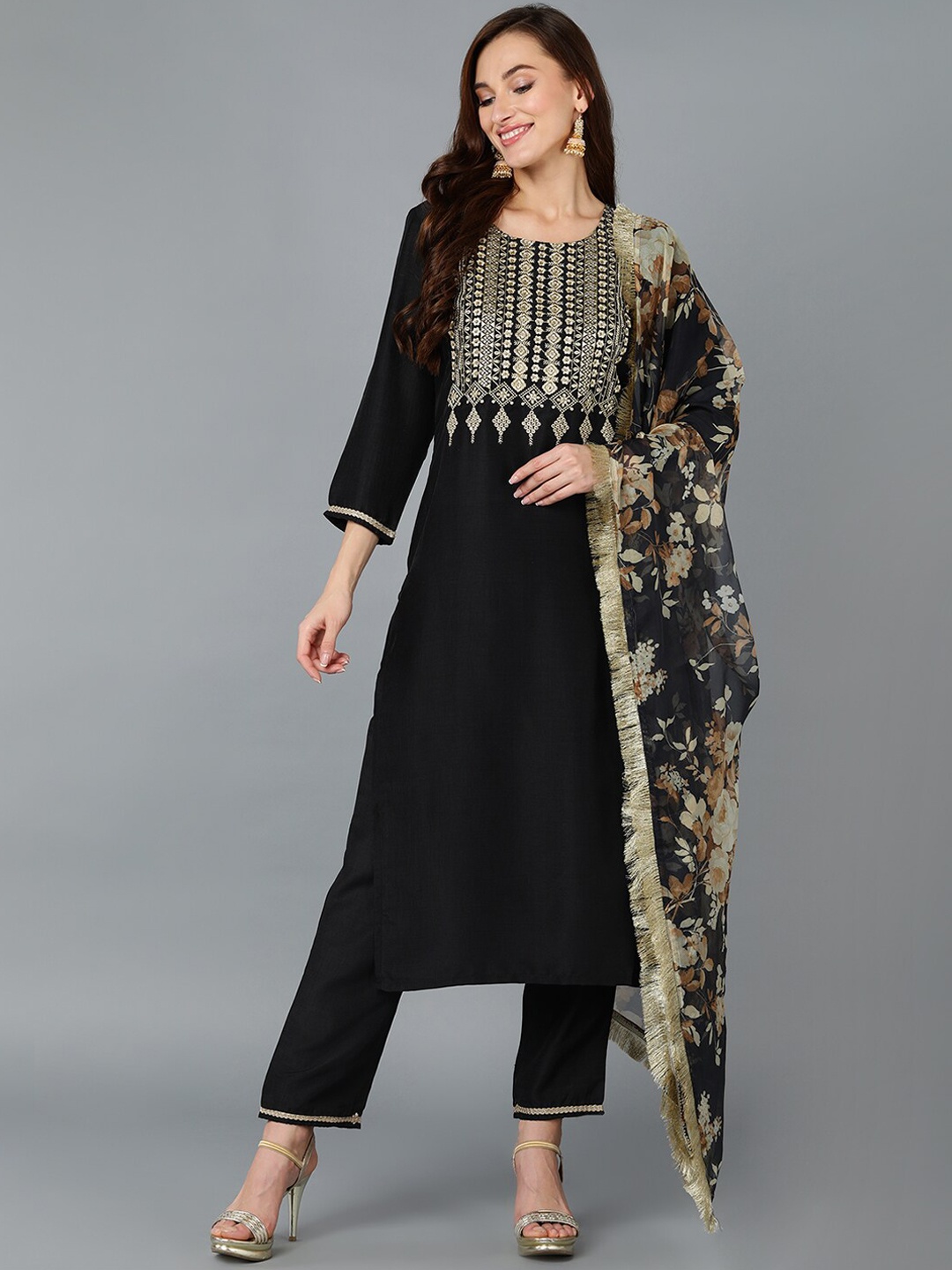 

AHIKA Floral Embroidered Yoke Design Regular Kurta With Trousers & Dupatta, Black