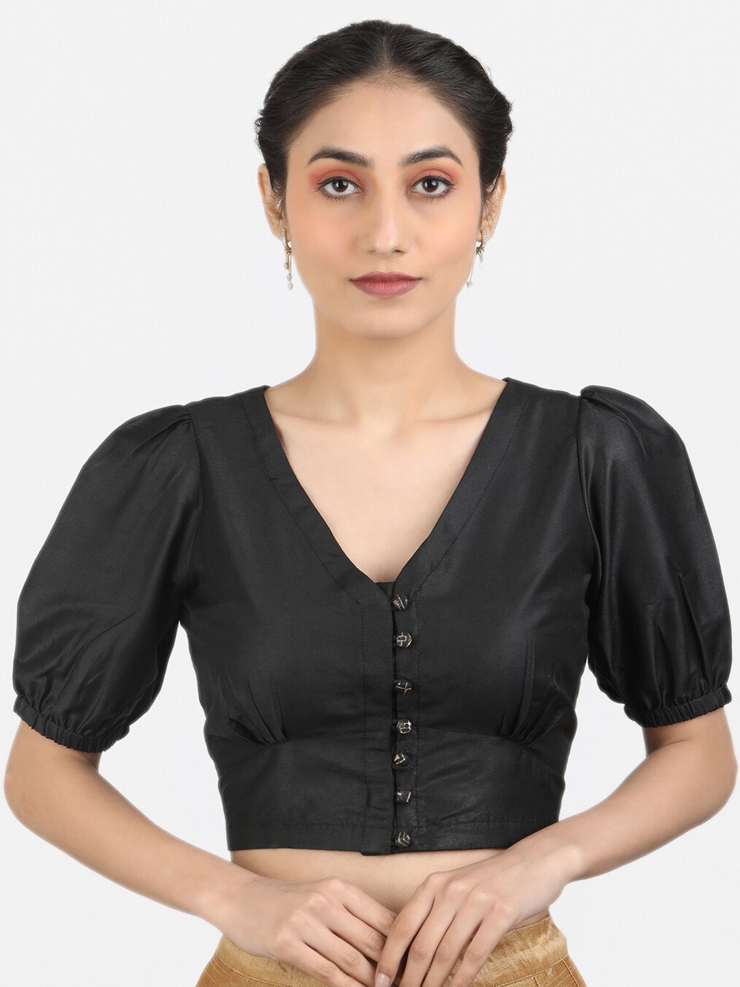 

Llajja V-Neck Non Padded Art Silk Saree Blouse, Black