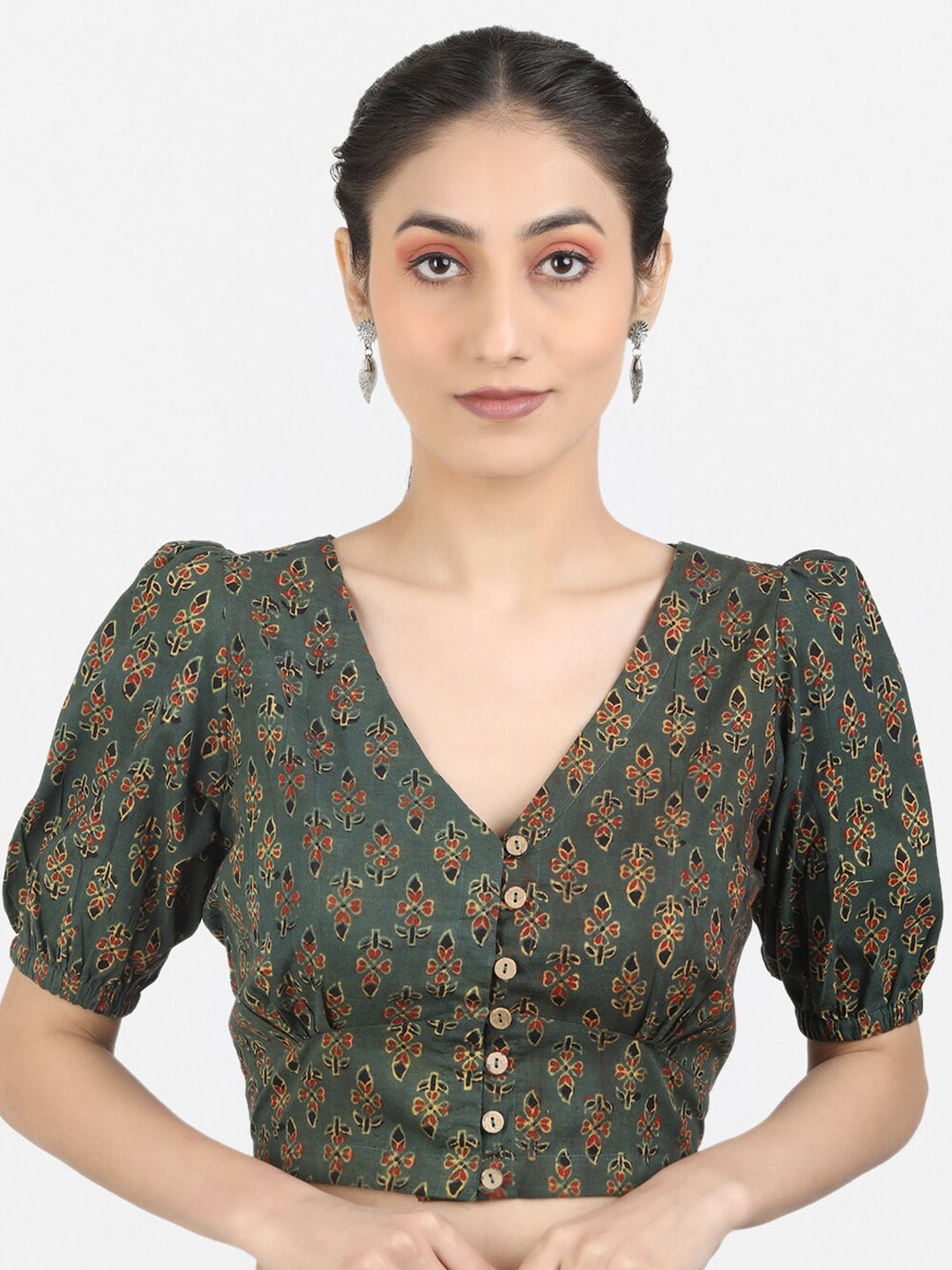 

Llajja Printed V-Neck Pure Cotton Ready To Wear Non Padded Saree Blouse, Olive