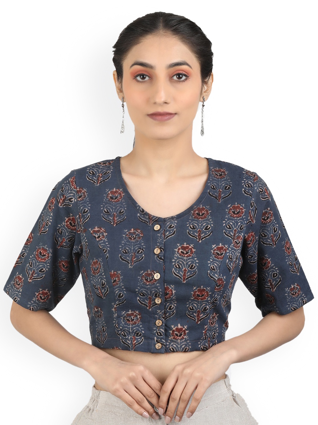 

Llajja Block Printed Pure Cotton Saree Blouse, Blue