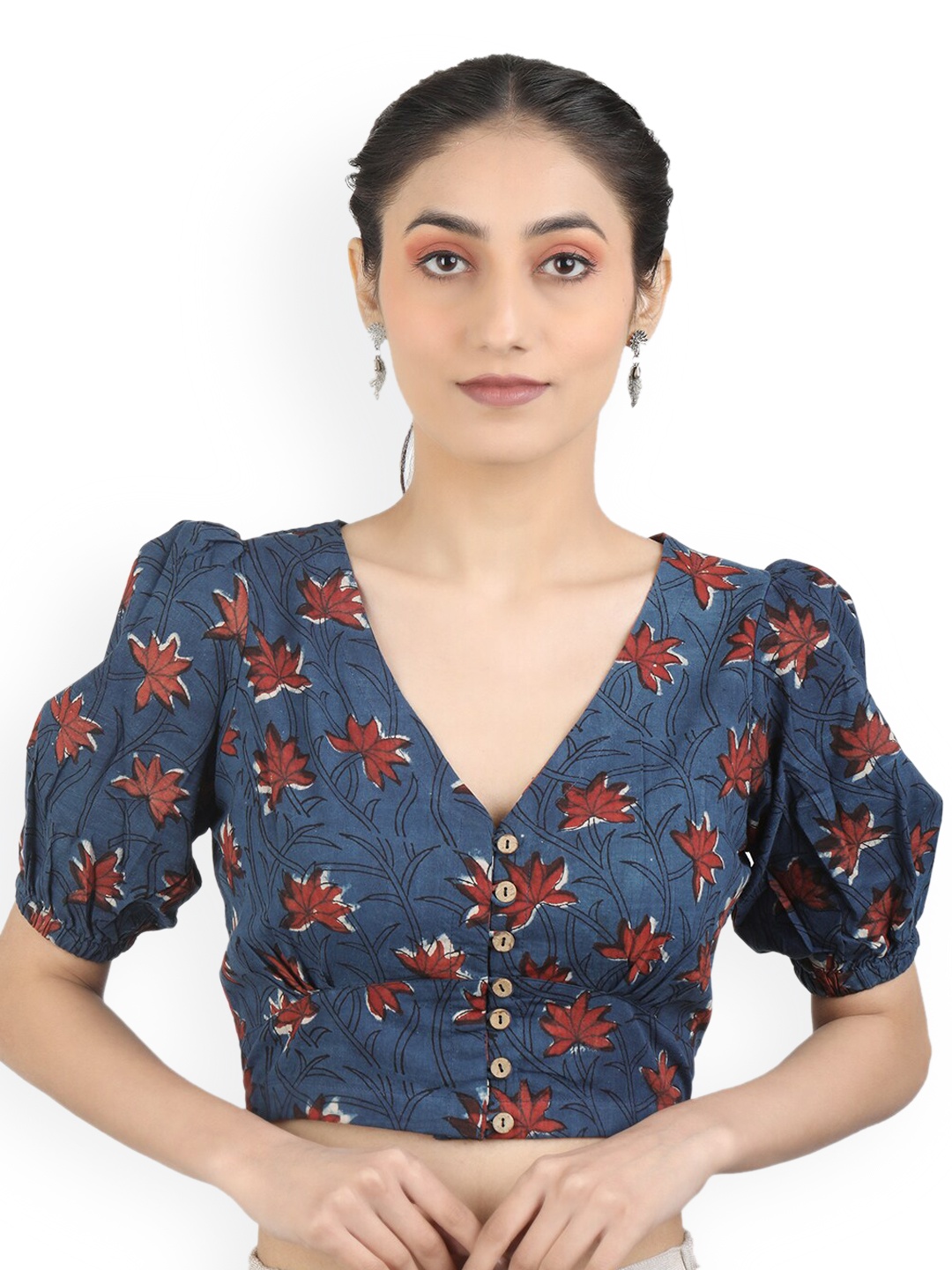 

Llajja Printed V-Neck Pure Cotton Ready To Wear Non Padded Saree Blouse, Blue