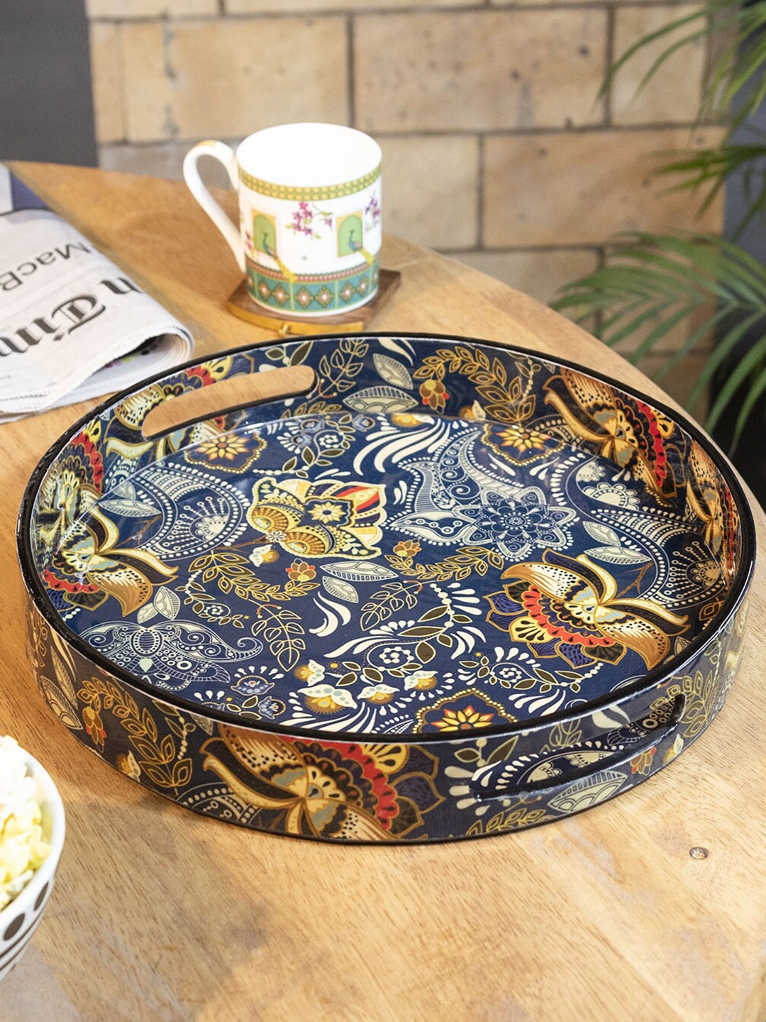 

MARKET99 Blue & Yellow ethnic Motif Printed Wooden Round Tray With Handle
