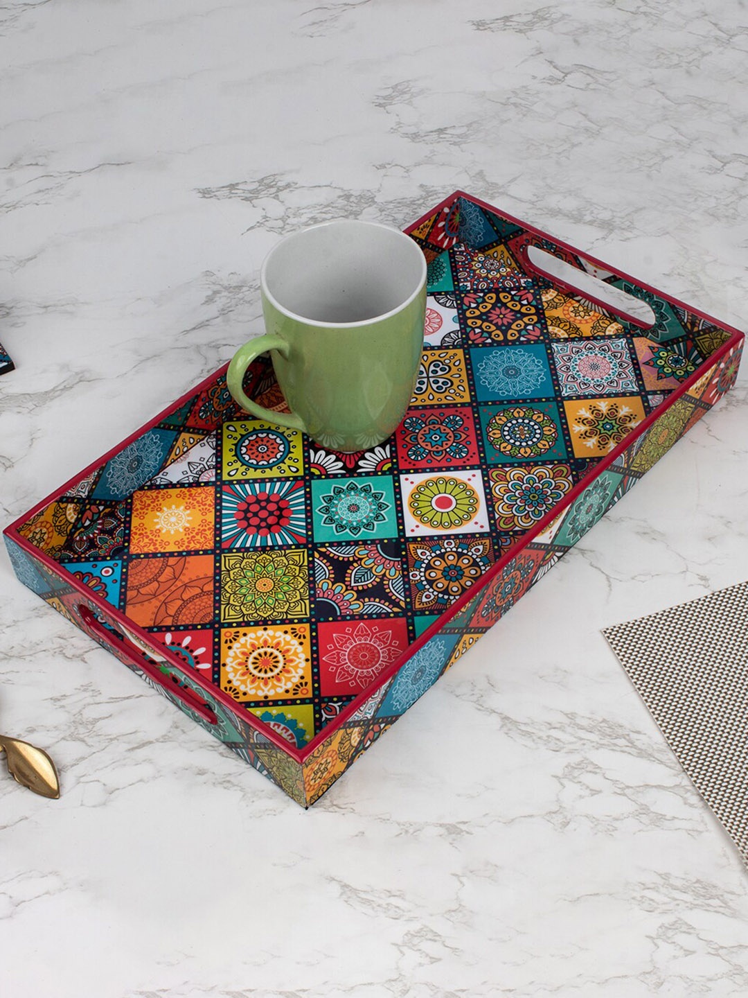 MARKET99 Blue & Pink Ethnic Motif Printed Wooden Tray With Handle