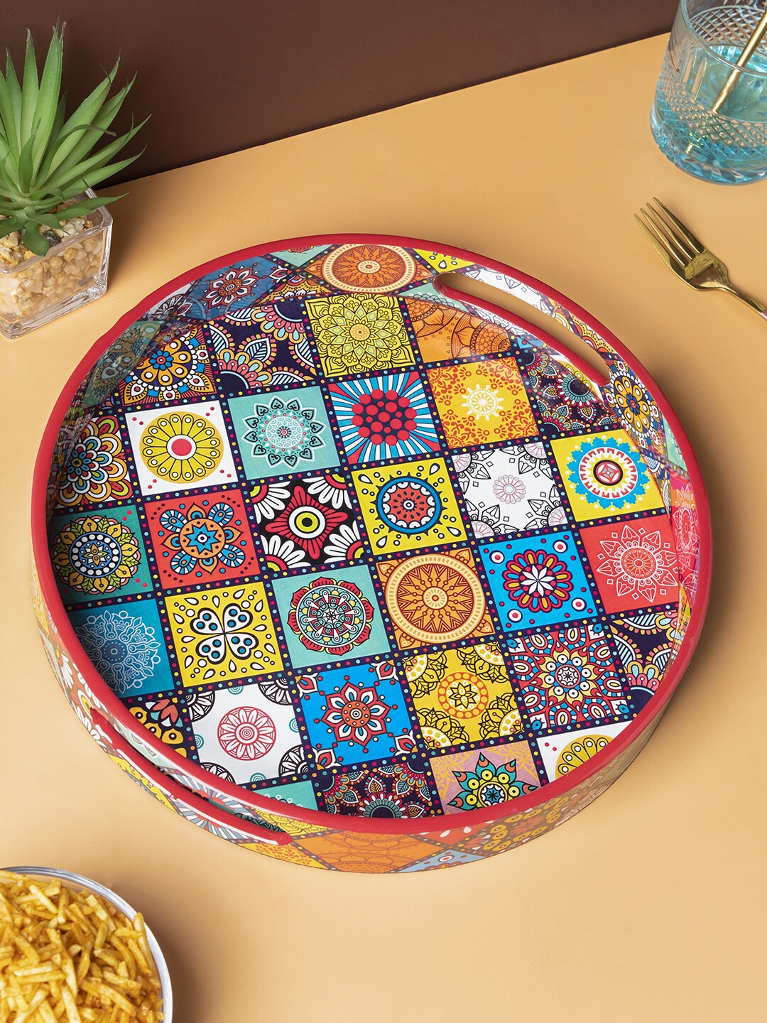 MARKET99 Red & Blue Ethnic Motif Printed MDF Wooden Tray With Handle