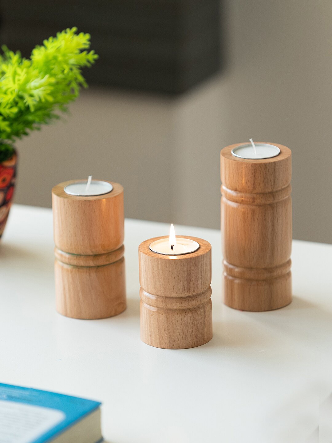 

ExclusiveLane Brown 3-Piece Brass Jugnu Stambh Wooden Tea Light Holder