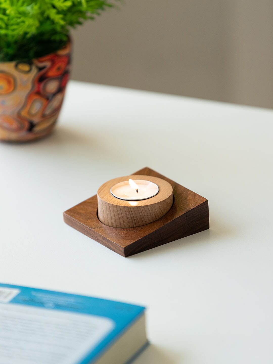 

ExclusiveLane Brown Textured Jugnu Wooden Tea Light Holder