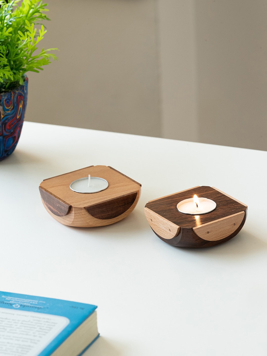 

ExclusiveLane Jugnu Chakori Brown 2 Pcs Wooden Tea Light Candle Holders