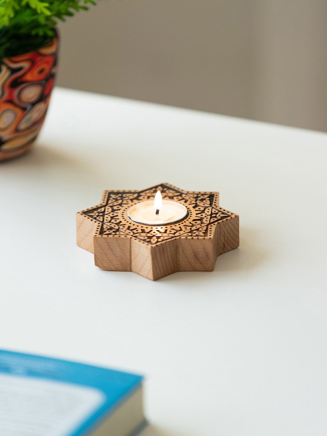 

ExclusiveLane Jugnu Sitara Brown Wooden Tea Light Candle Holder