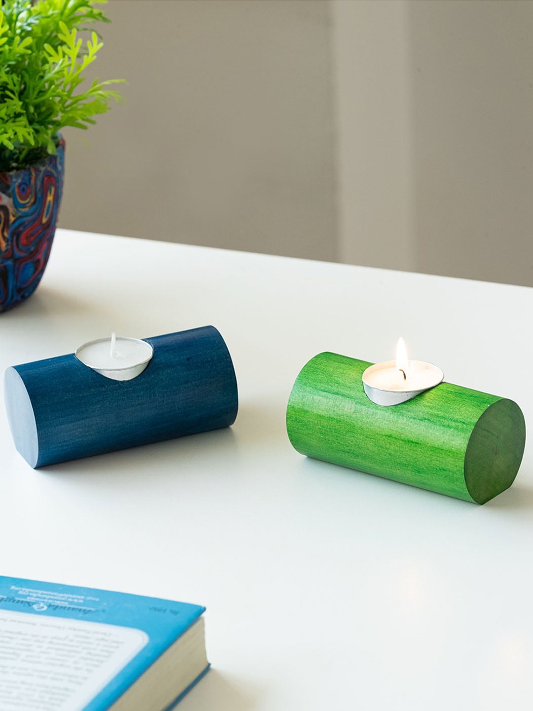 

ExclusiveLane Green & Blue 2-Pcs Jugnu Drum Wooden Tea Light Candle Holder