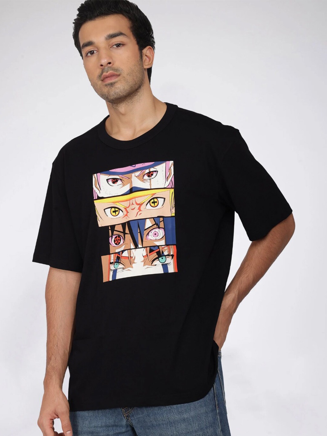 

Bonkers Corner Naruto Printed Drop shoulder Sleeves Cotton Loose Fit T-shirt, Black