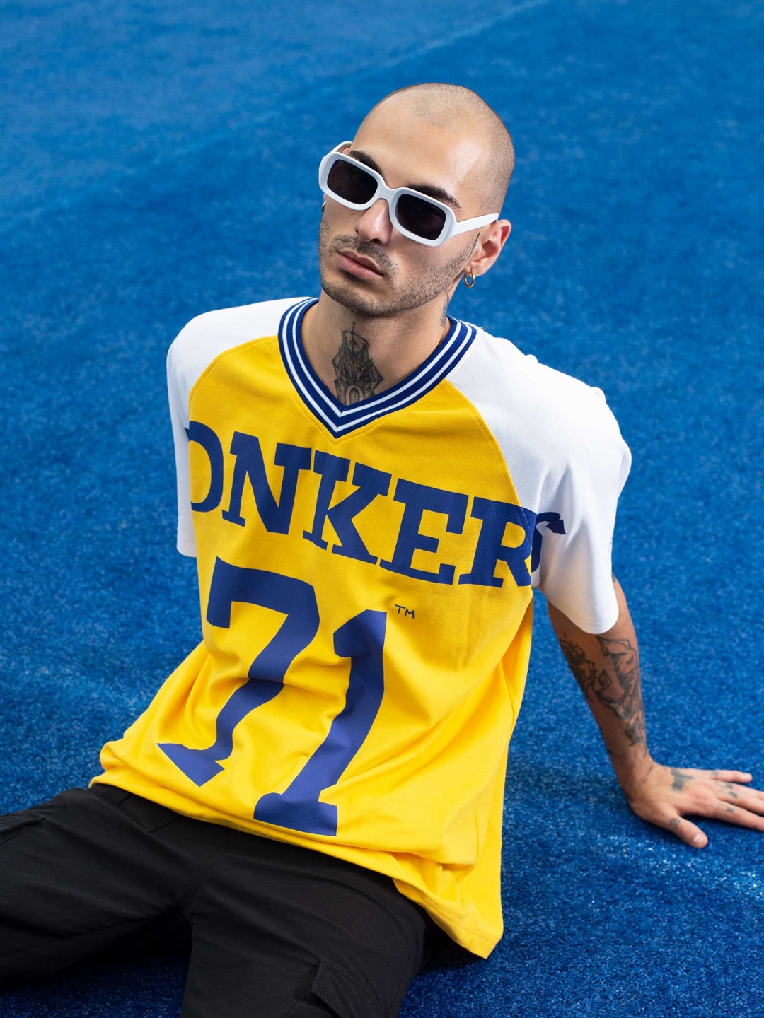 

Bonkers Corner White Typography Printed V-Neck Cotton Oversized T-shirt