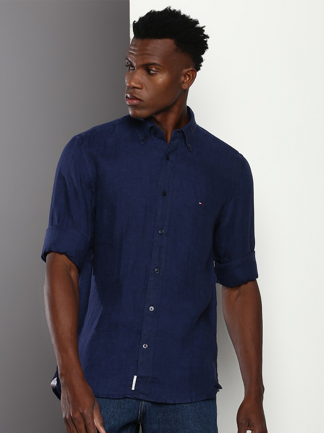 

Tommy Hilfiger Button-Down Collar Pure Linen Casual Shirt, Navy blue