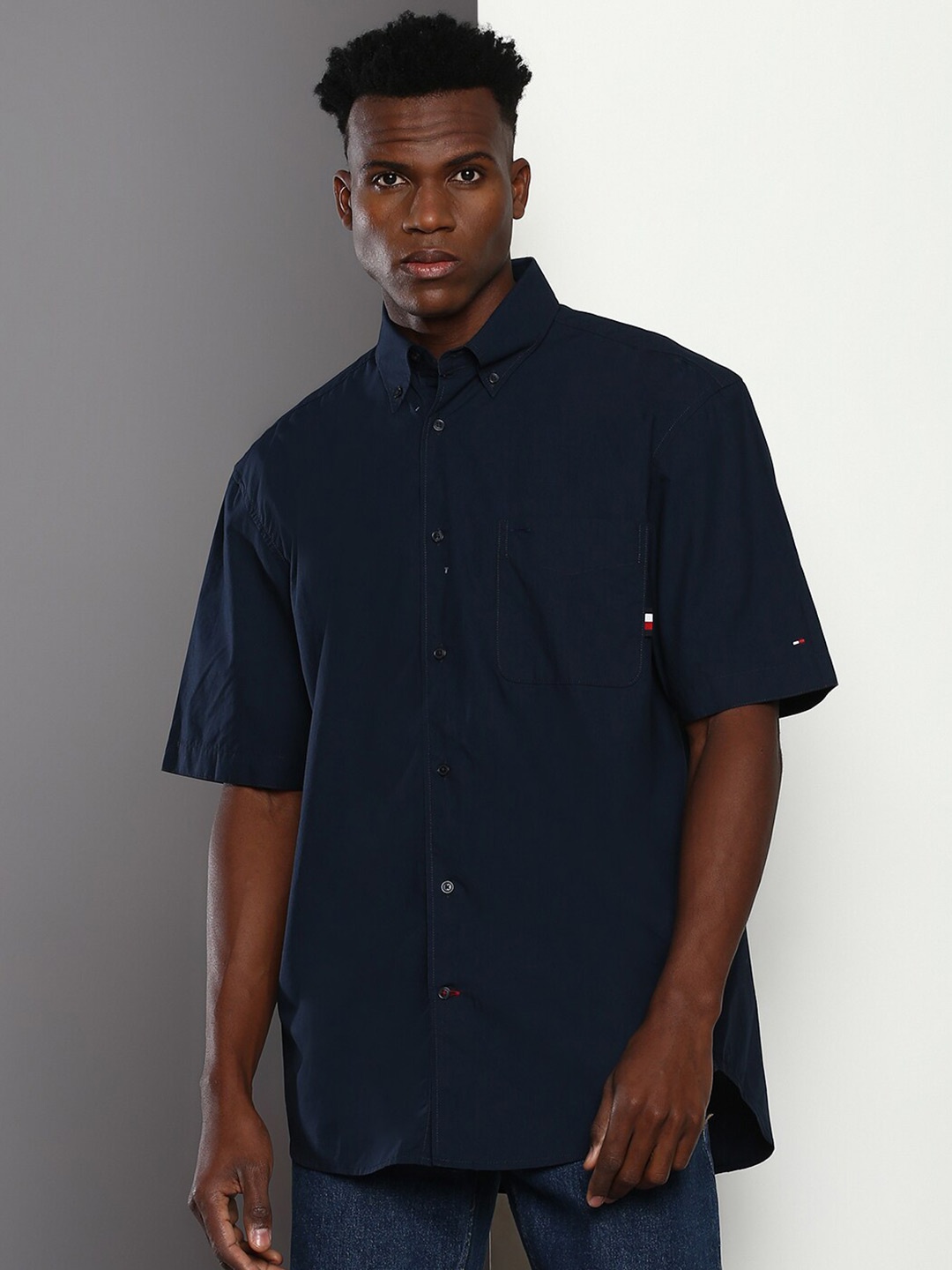 

Tommy Hilfiger Button Down Collar Organic Cotton Boxy Casual Shirt, Navy blue