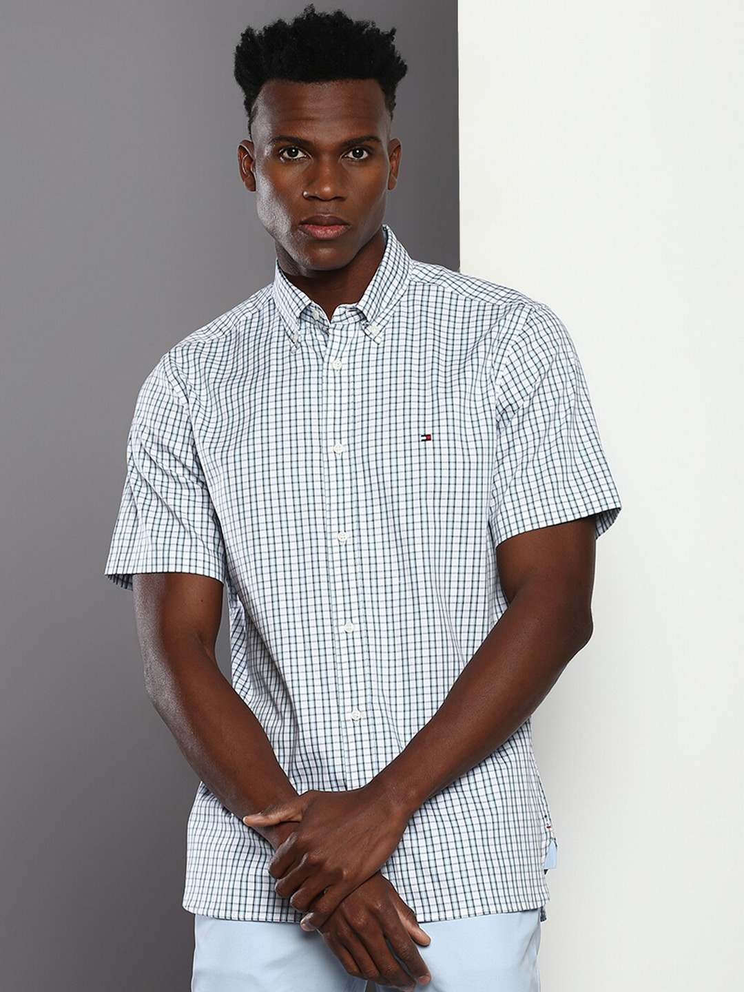 

Tommy Hilfiger Checked Short Sleeves Pure Cotton Casual Shirt, Blue