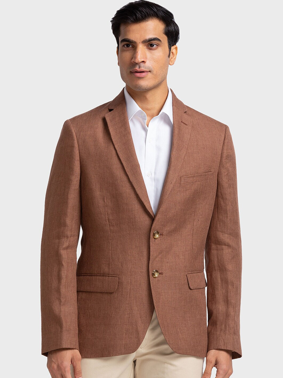 

ColorPlus Pure Linen Single-Breasted Contemporary Fit Formal Blazer, Brown