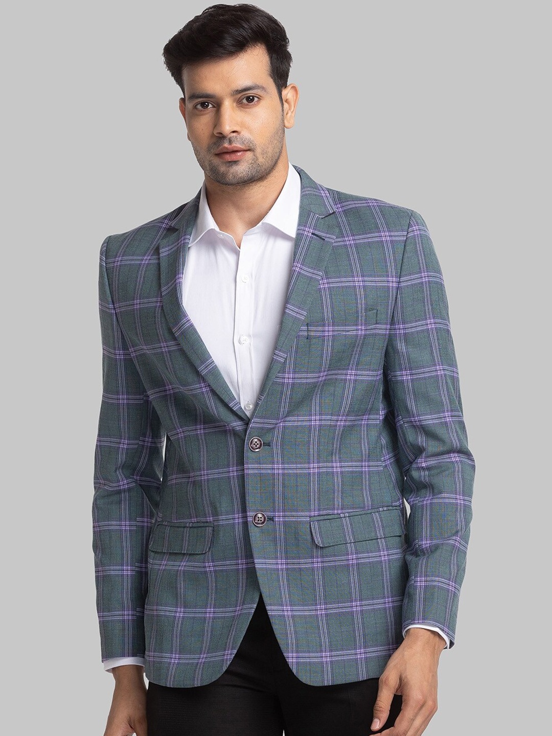 

Park Avenue Checked Super Slim-Fit Single-Breasted Formal Blazer, Grey