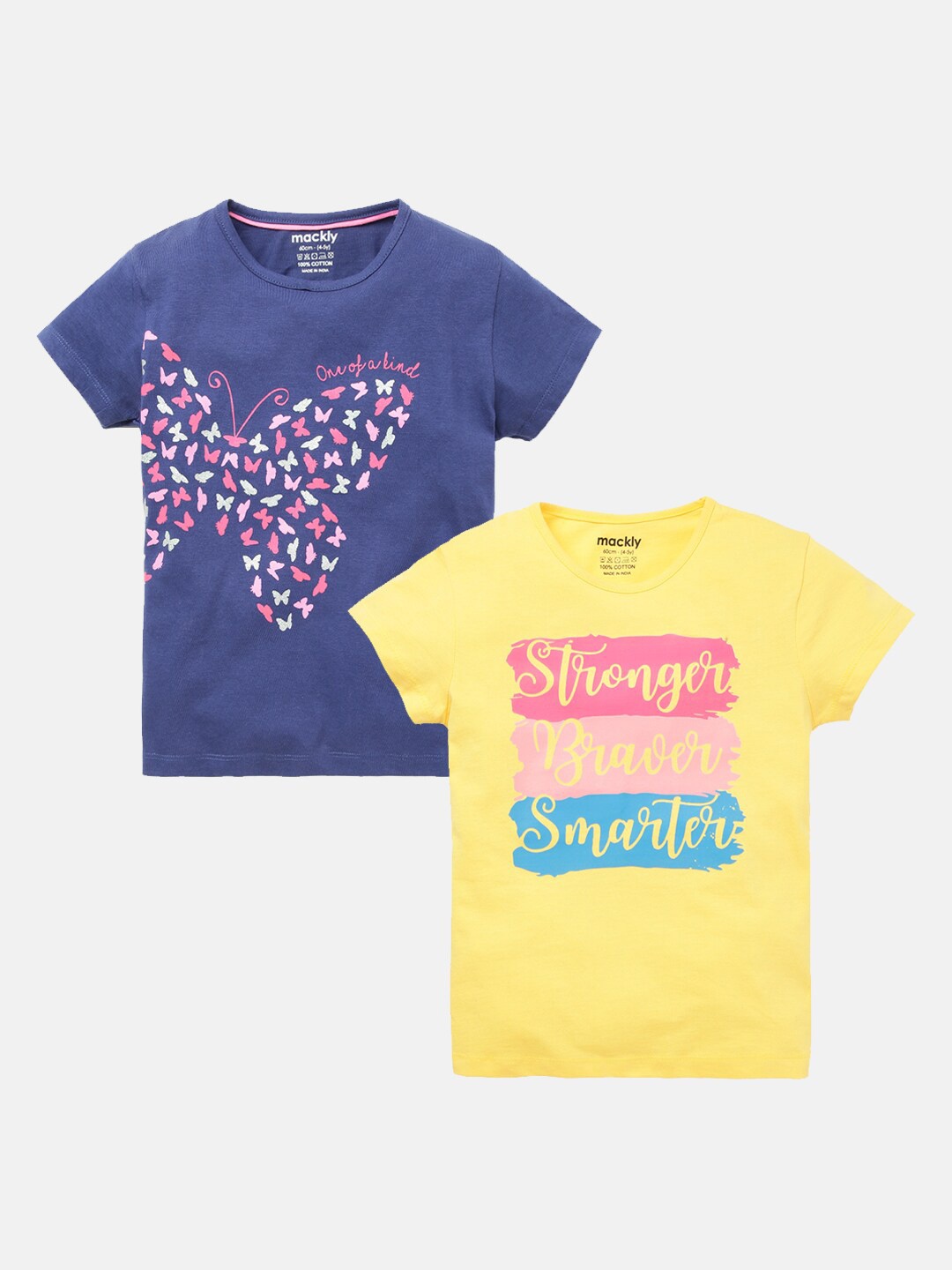 

mackly Girls Pack Of 2 Typography Printed Cotton T-shirt, Navy blue