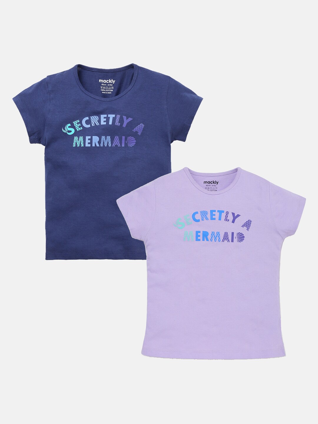 

mackly Girls Pack Of 2 Typography Printed Cotton T-shirt, Navy blue