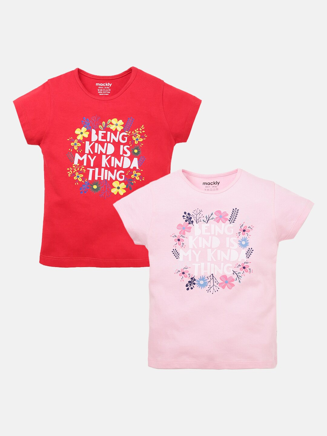 

mackly Girls Pack Of 2 Typography Printed Cotton T-shirt, Red