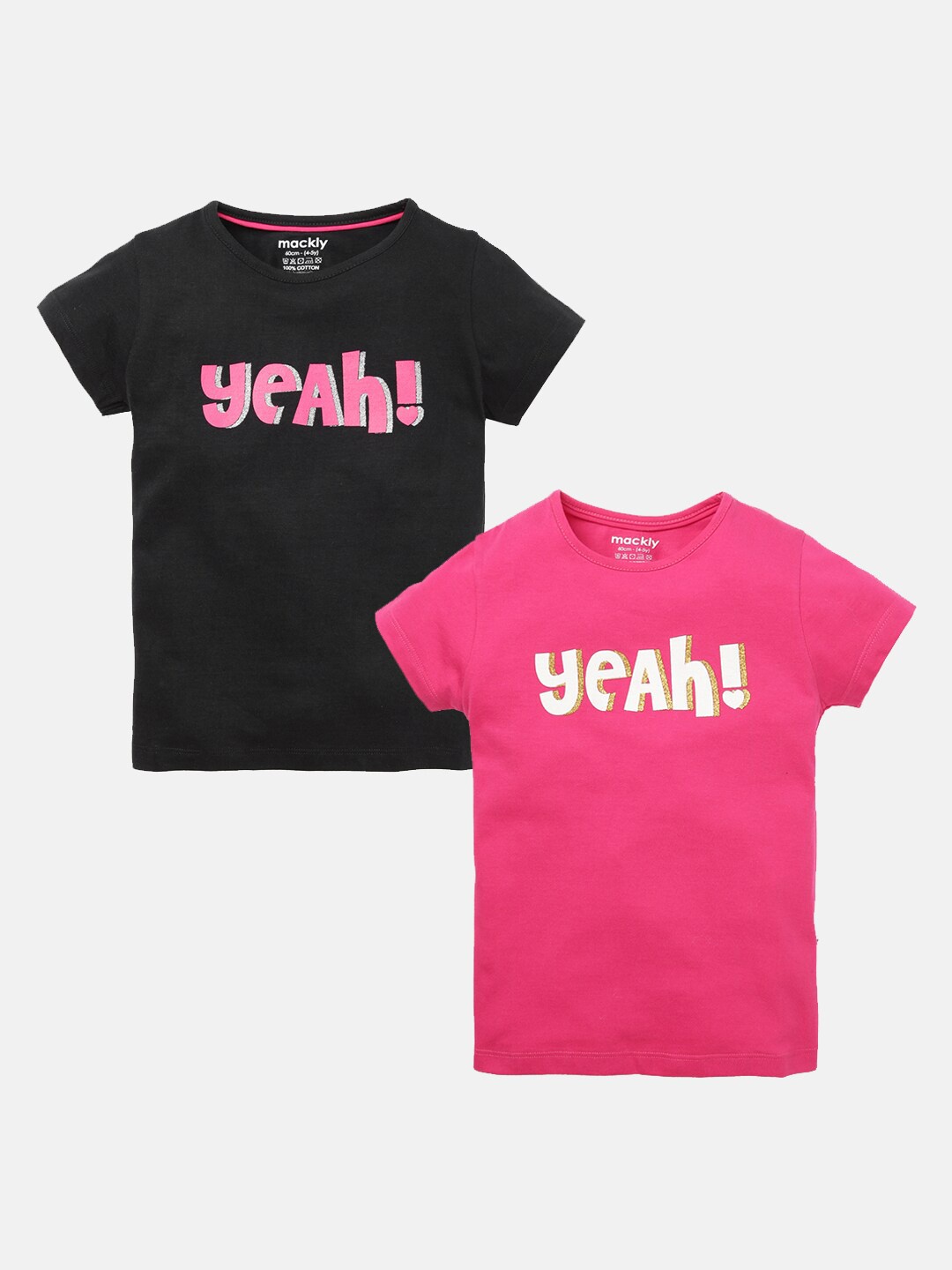 

mackly Girls Pack Of 2 Typography Printed Cotton T-shirt, Black