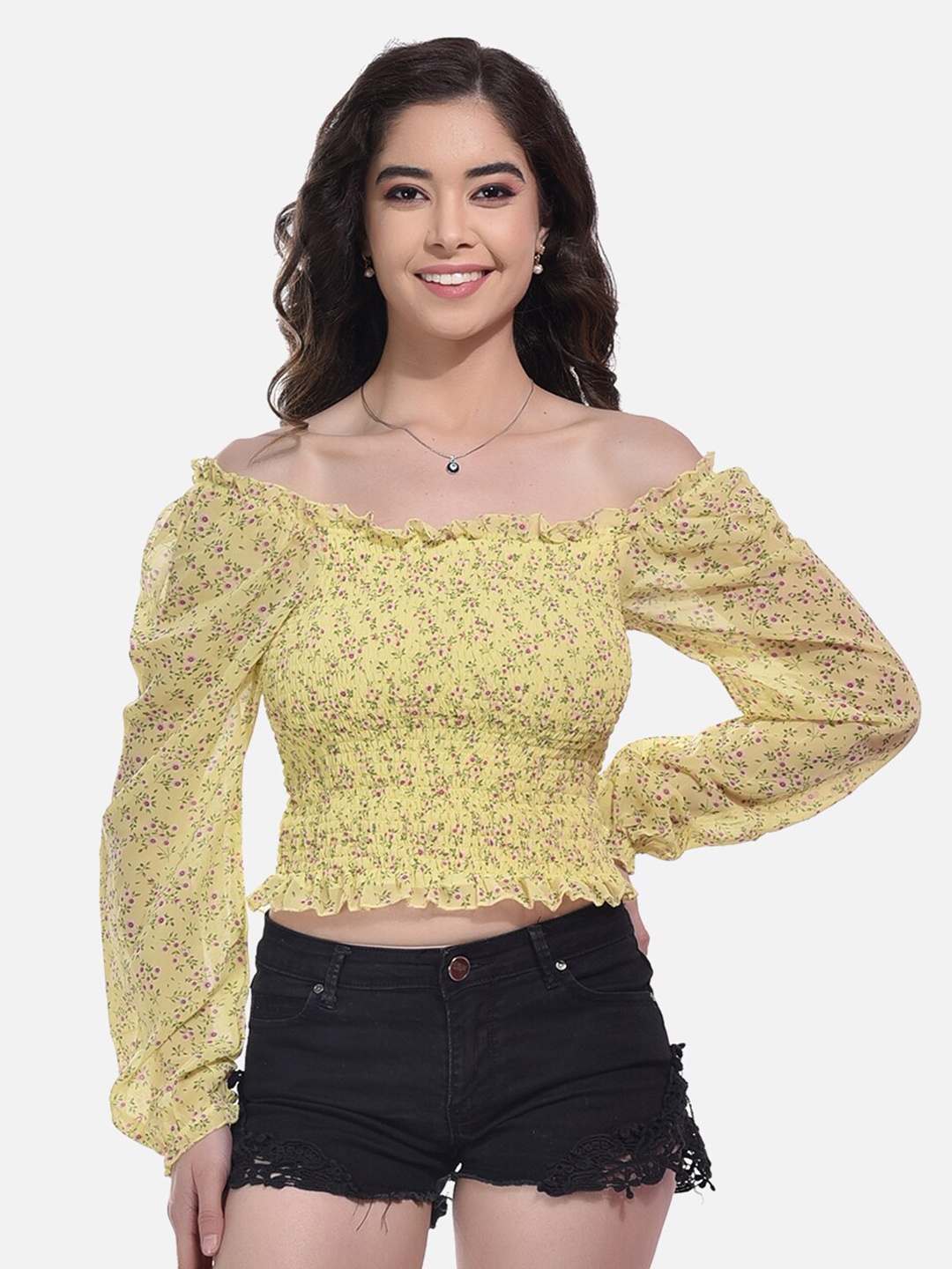 

StyFun Floral Printed Smocked Off-Shoulder Bardot Crop Top, Yellow