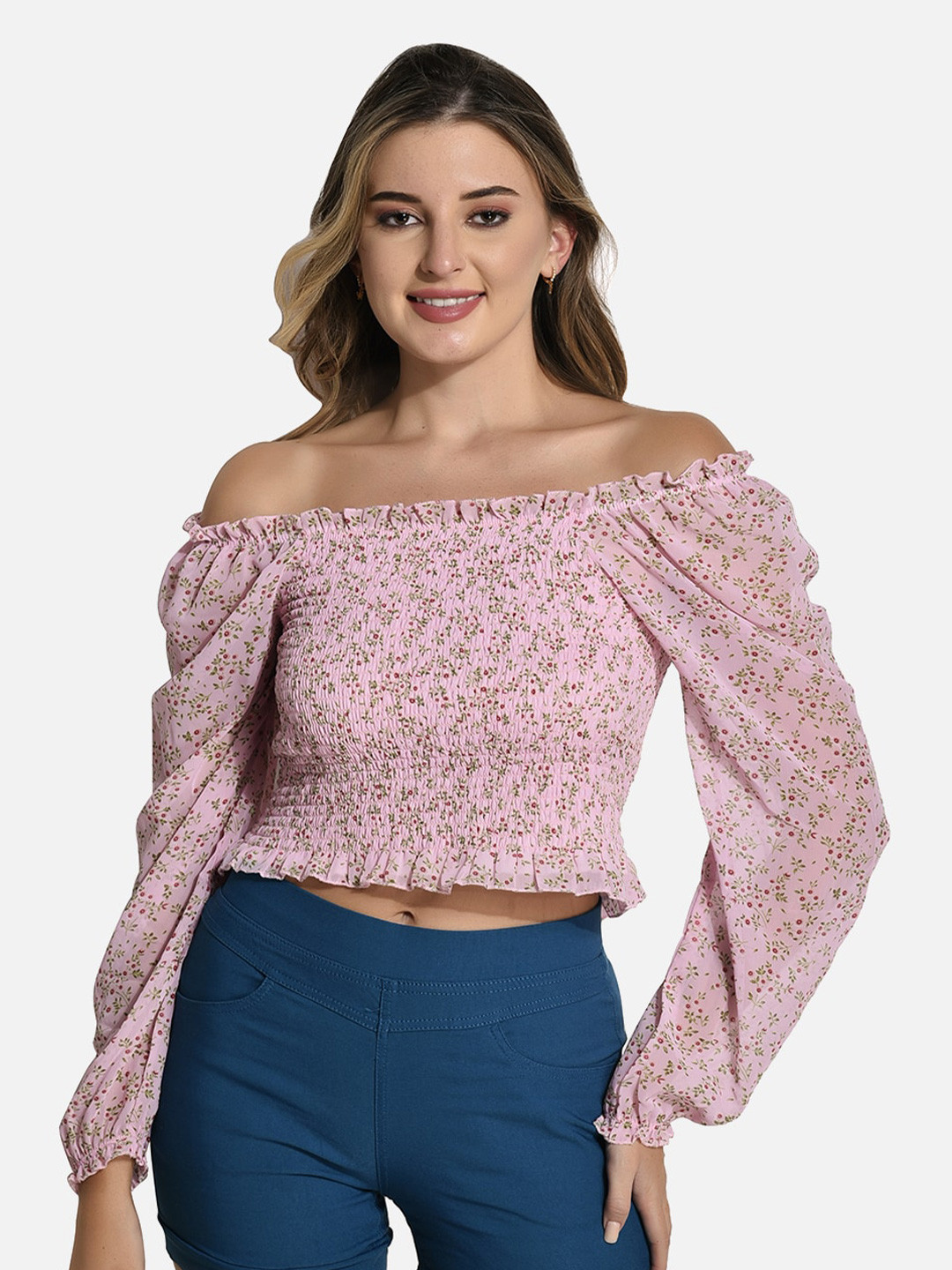 

StyFun Floral Printed Smocked Long Sleeves Off-Shoulder Bardot Crop Top, Pink
