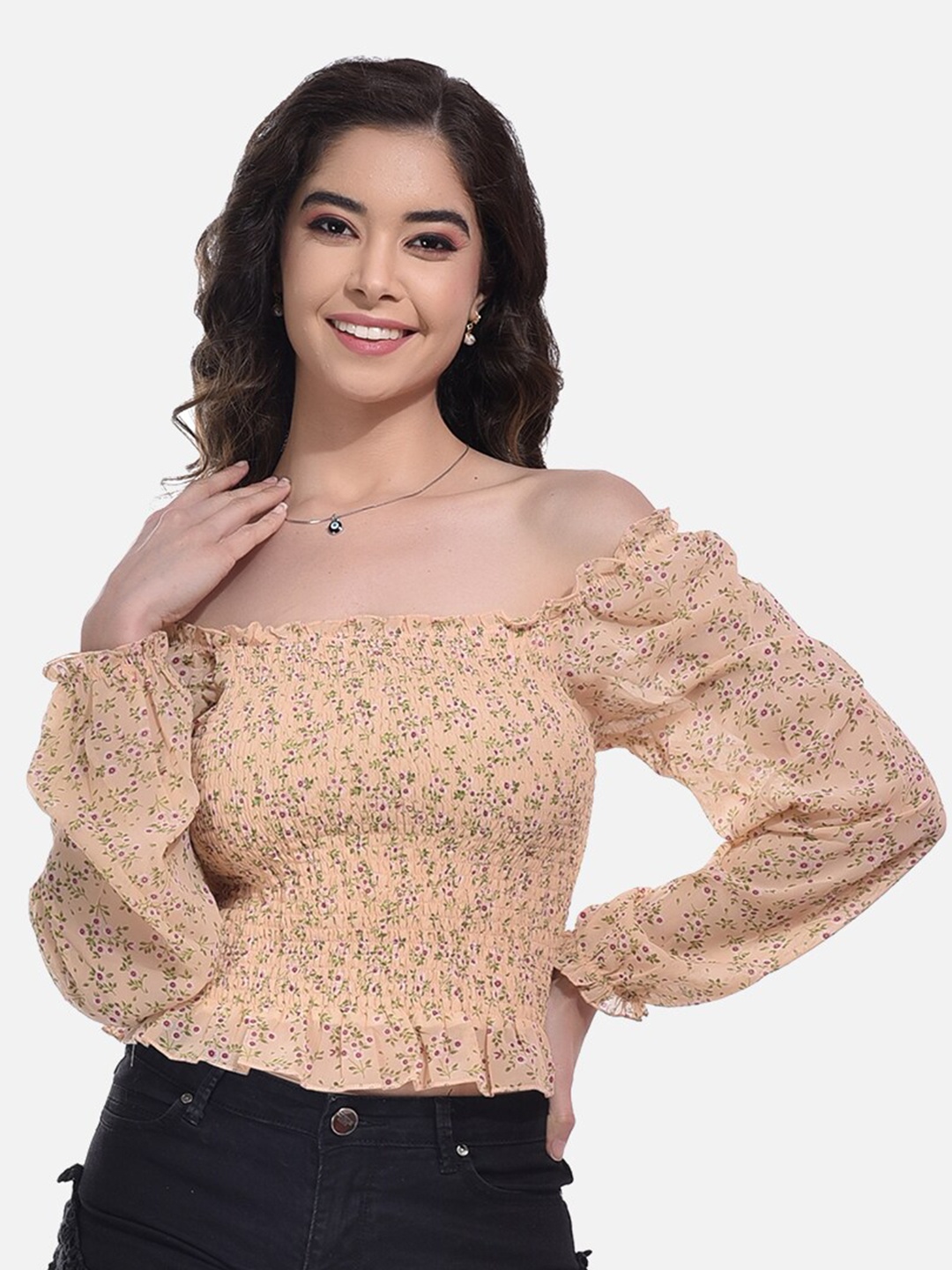 

StyFun Floral Printed Smocked Long Sleeves Off-Shoulder Bardot Crop Top, Beige