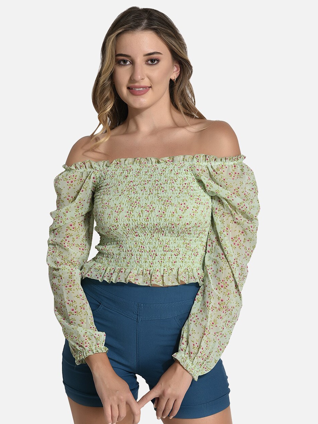

StyFun Floral Printed Smocked Off-Shoulder Bardot Top, Green