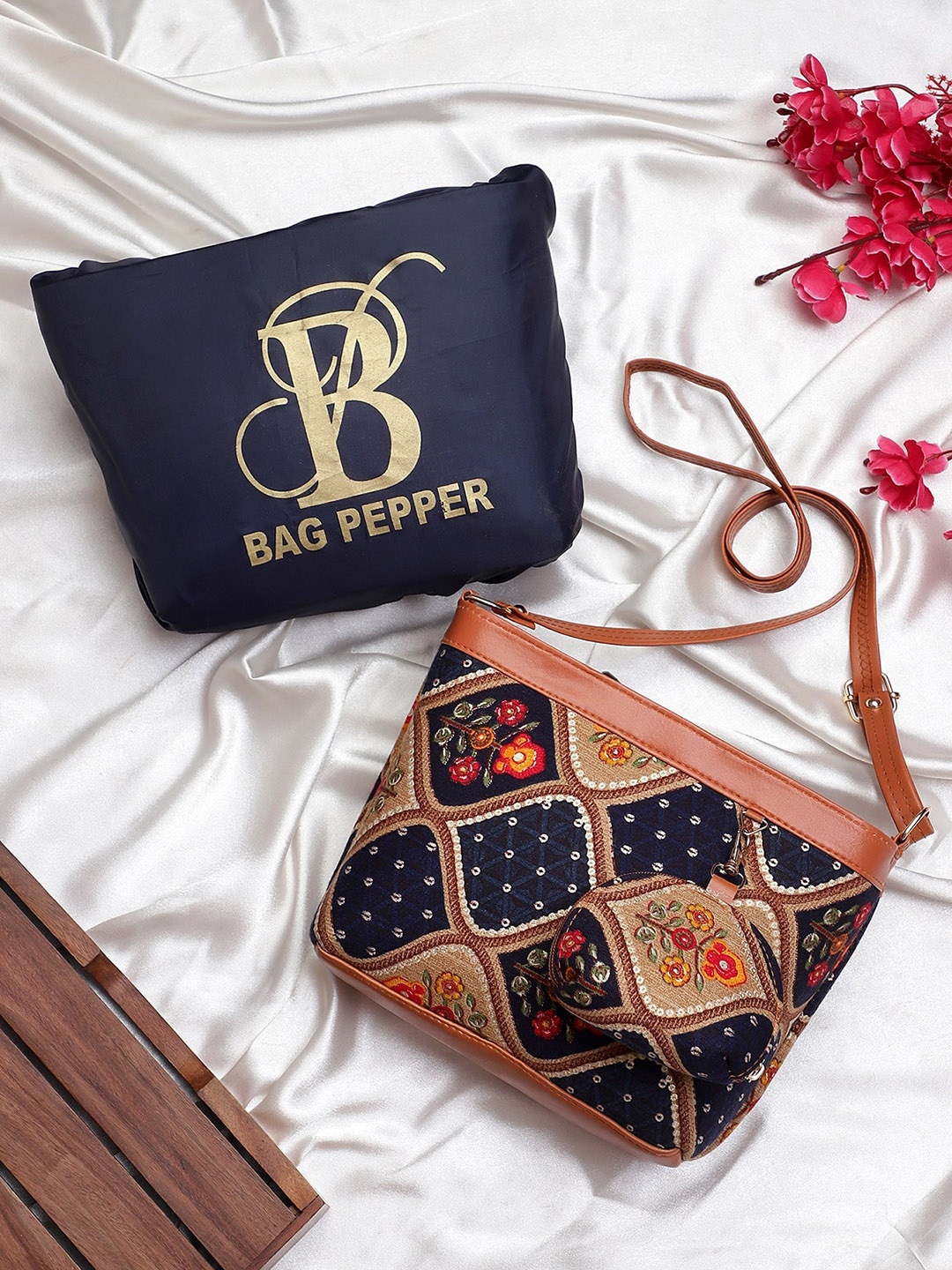 

Bag Pepper Women Floral Printed Cotton Sling Bag with Pouch, Navy blue