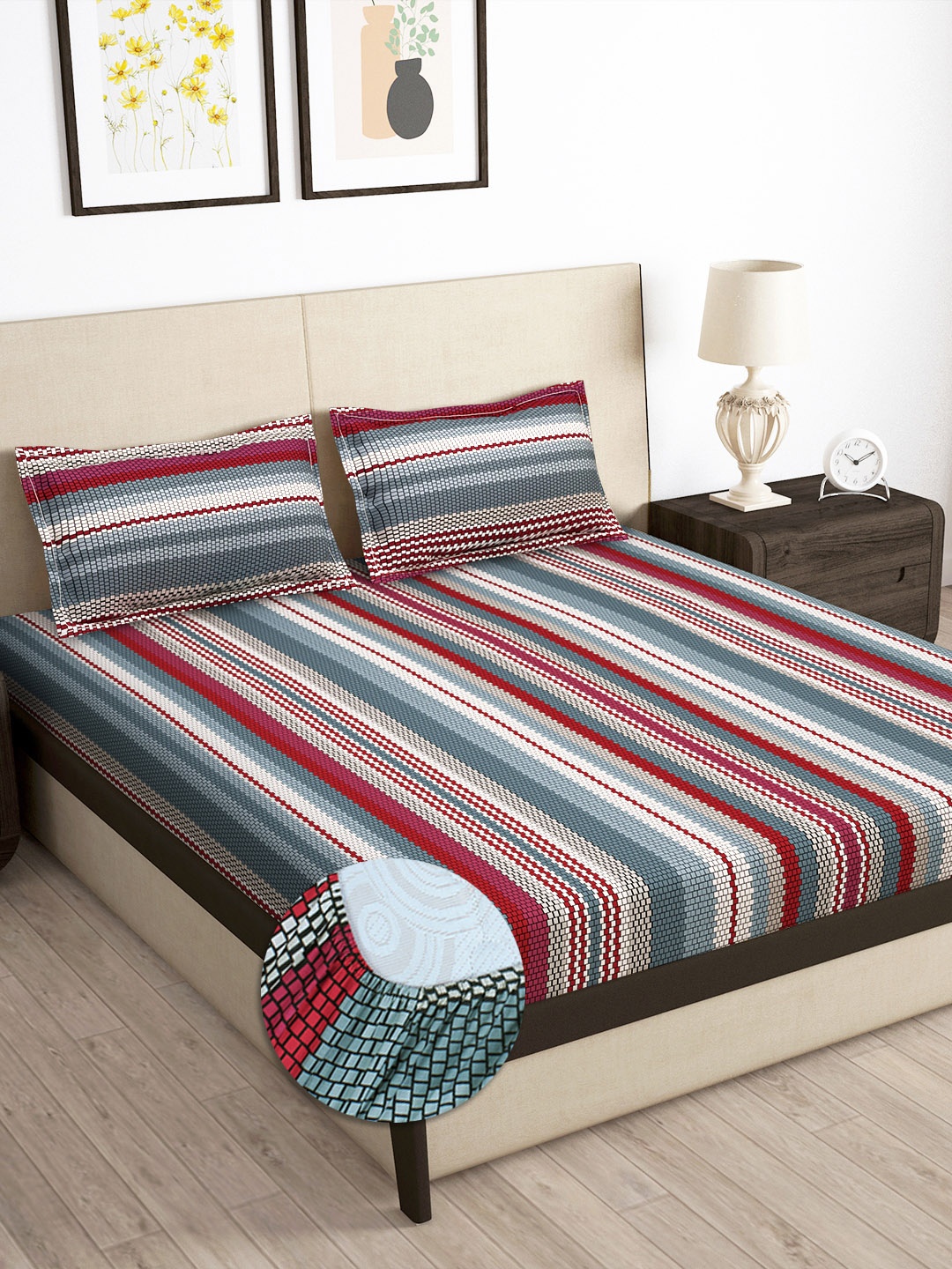 

Story@home Arena Grey & Red Striped 180 TC Fitted King Bedsheet With 2 Pillow Covers