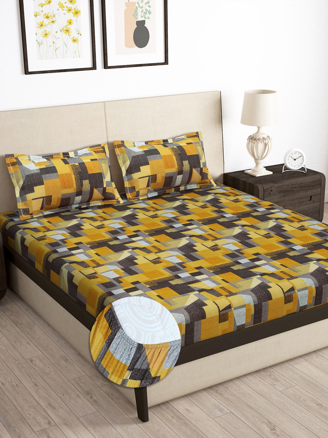 

Story@home Arena Mustard & Grey Printed 180 TC Fitted Queen Bedsheet & 2 Pillow Covers