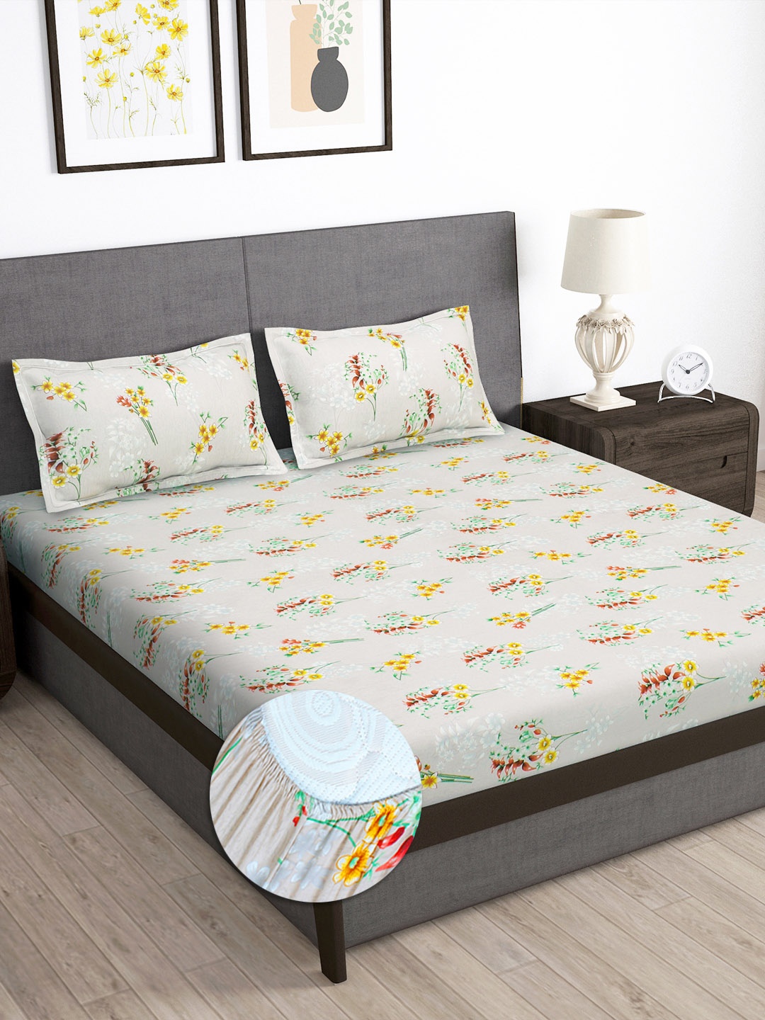 

Story@home Arena Cream-Coloured & Yellow 180 TC Fitted King Bedsheet & 2 Pillow Covers