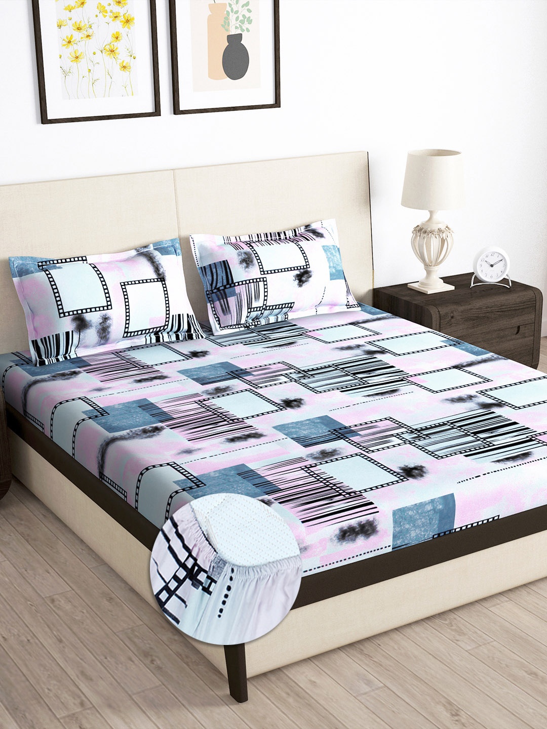 

Story@home Arena Cream-Coloured Printed 180 TC Fitted Queen Bedsheet & 2 Pillow Covers