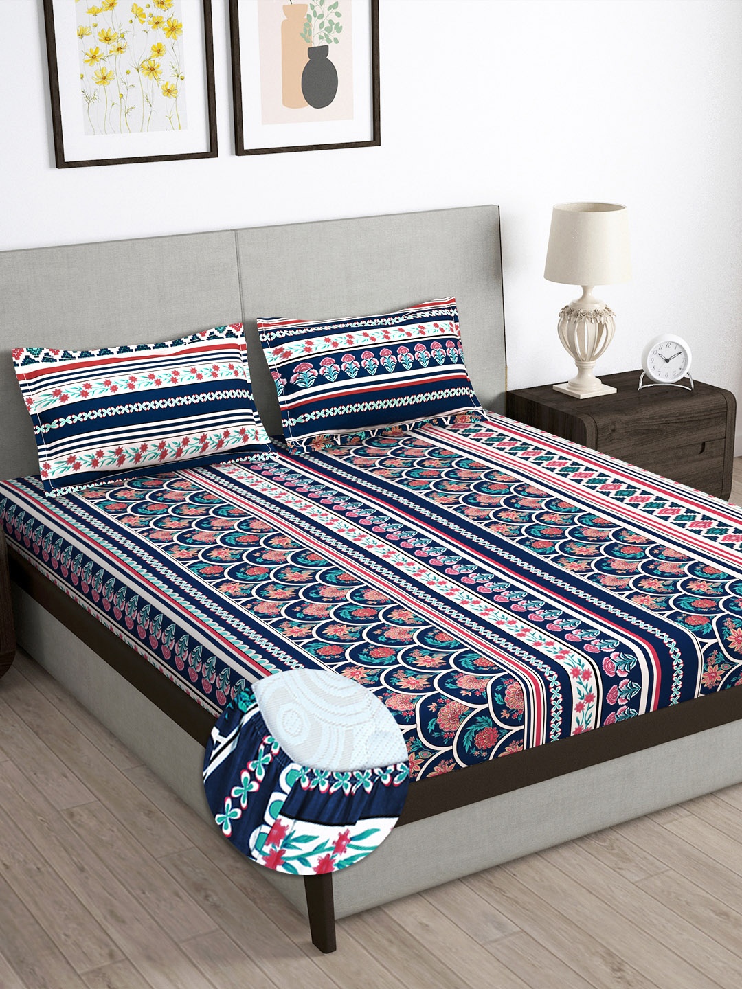 

Story@home Arena Blue & Red Printed 180 TC Fitted King Bedsheet & 2 Pillow Covers