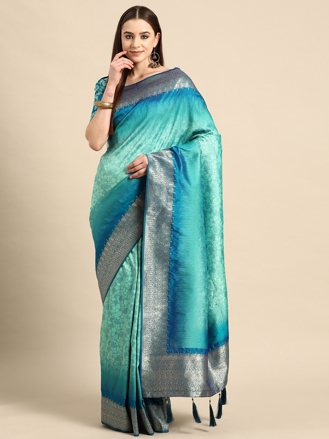 

MANOHARI Blue Woven Design Silk Blend Banarasi Saree