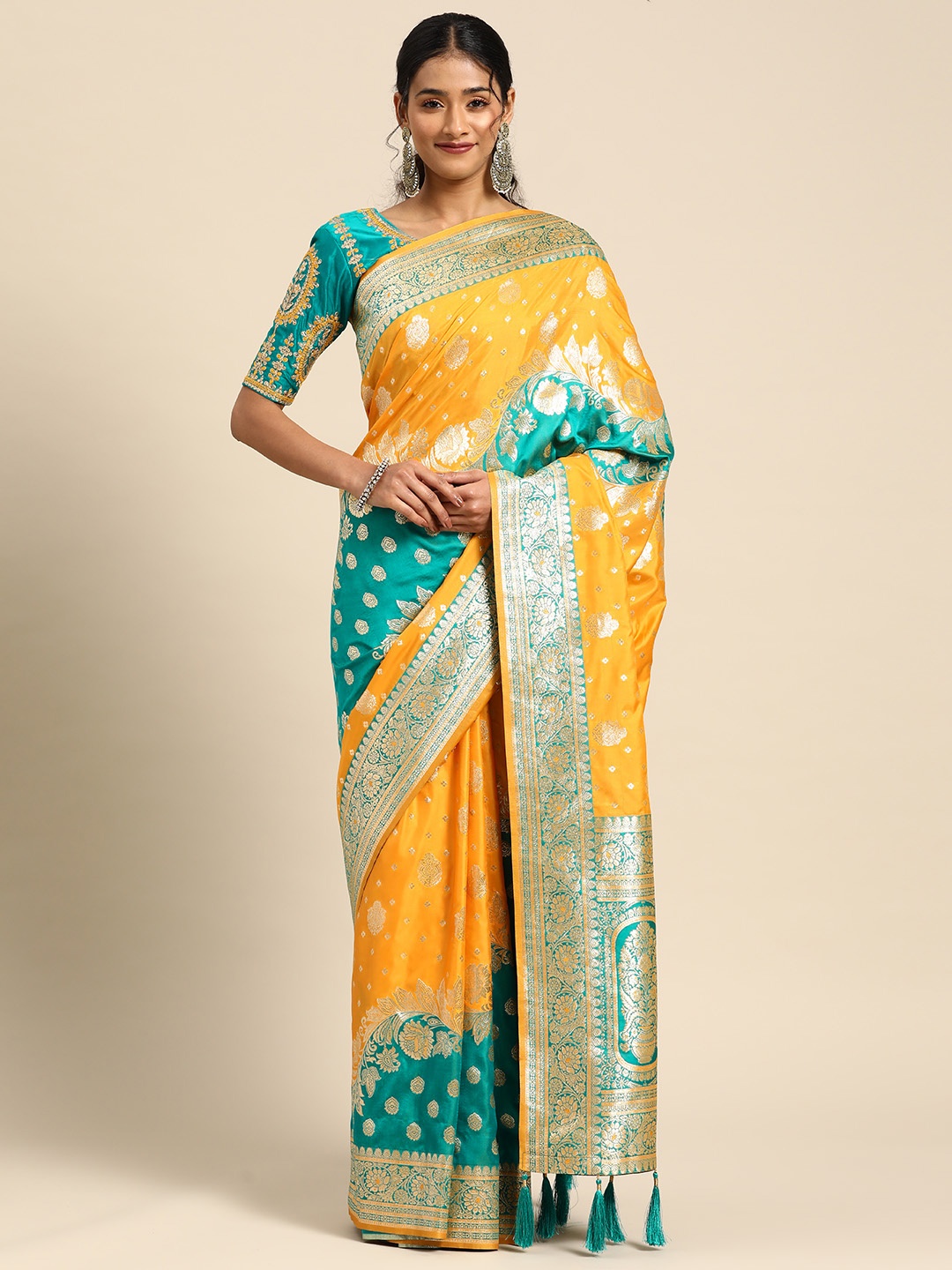 

MANOHARI Woven Design Zari Silk Blend Banarasi Saree, Yellow