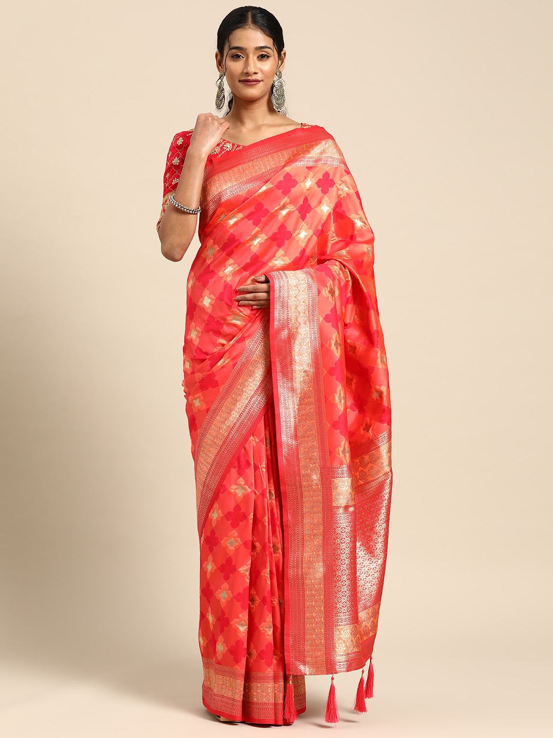 

MANOHARI Woven Design Zari Silk Blend Banarasi Saree, Pink