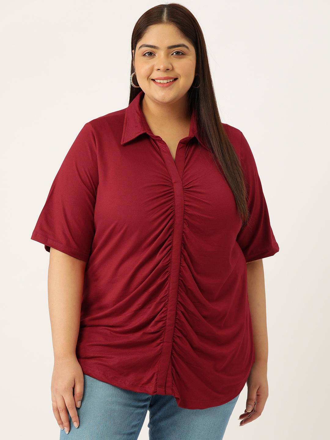 

theRebelinme Plus Size Solid Shirt Style Longline Top, Maroon