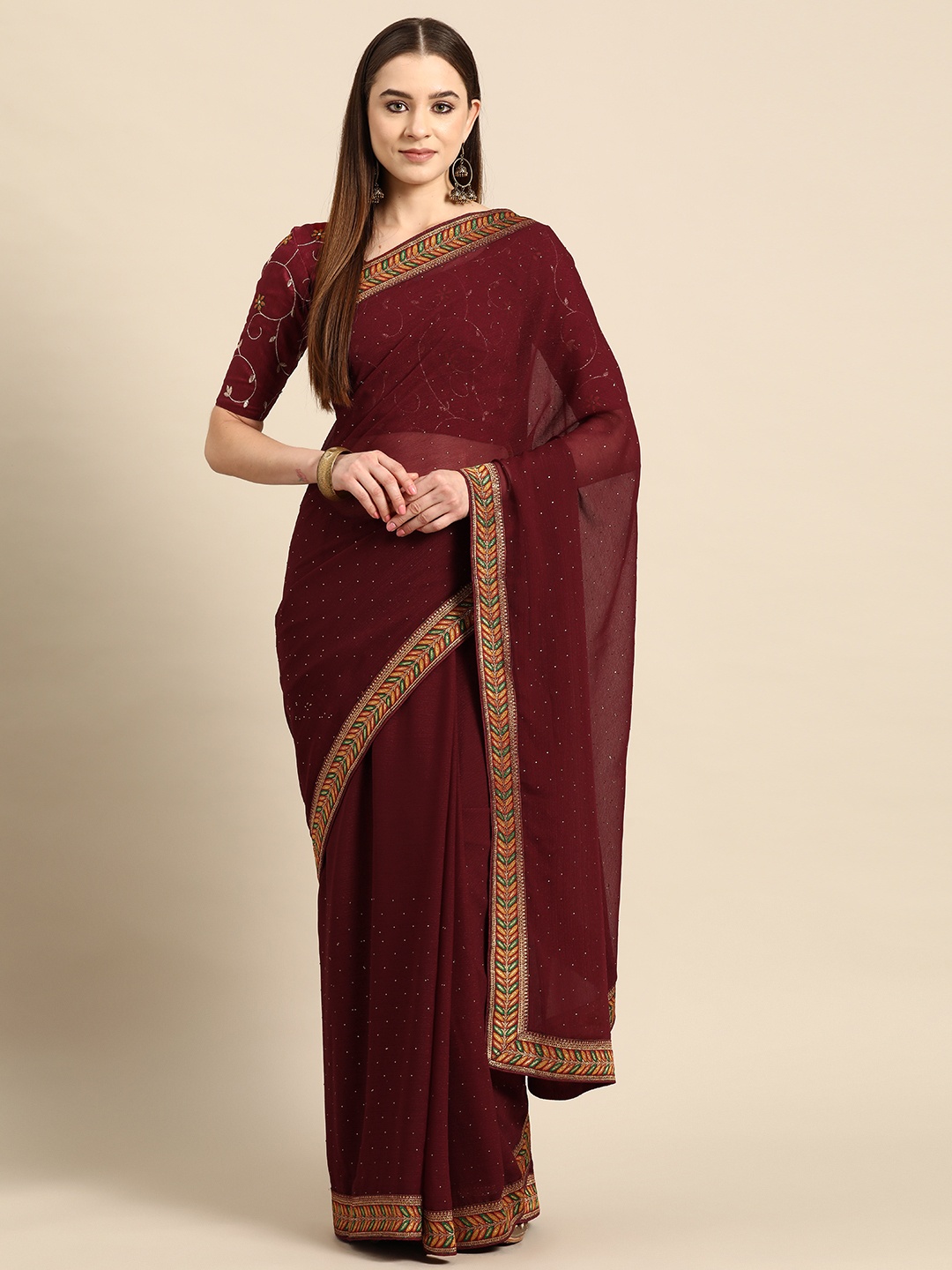 

SUTRAM Maroon Embellished Poly Chiffon Saree