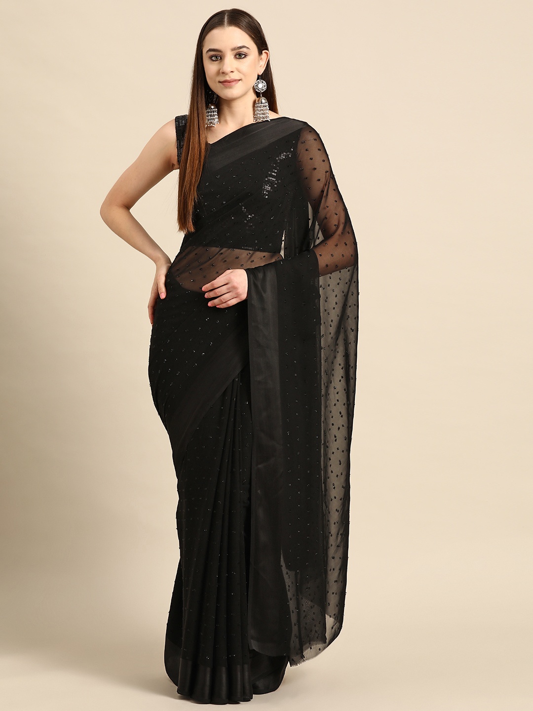 

SUTRAM Black Polka Dot Poly Georgette Saree