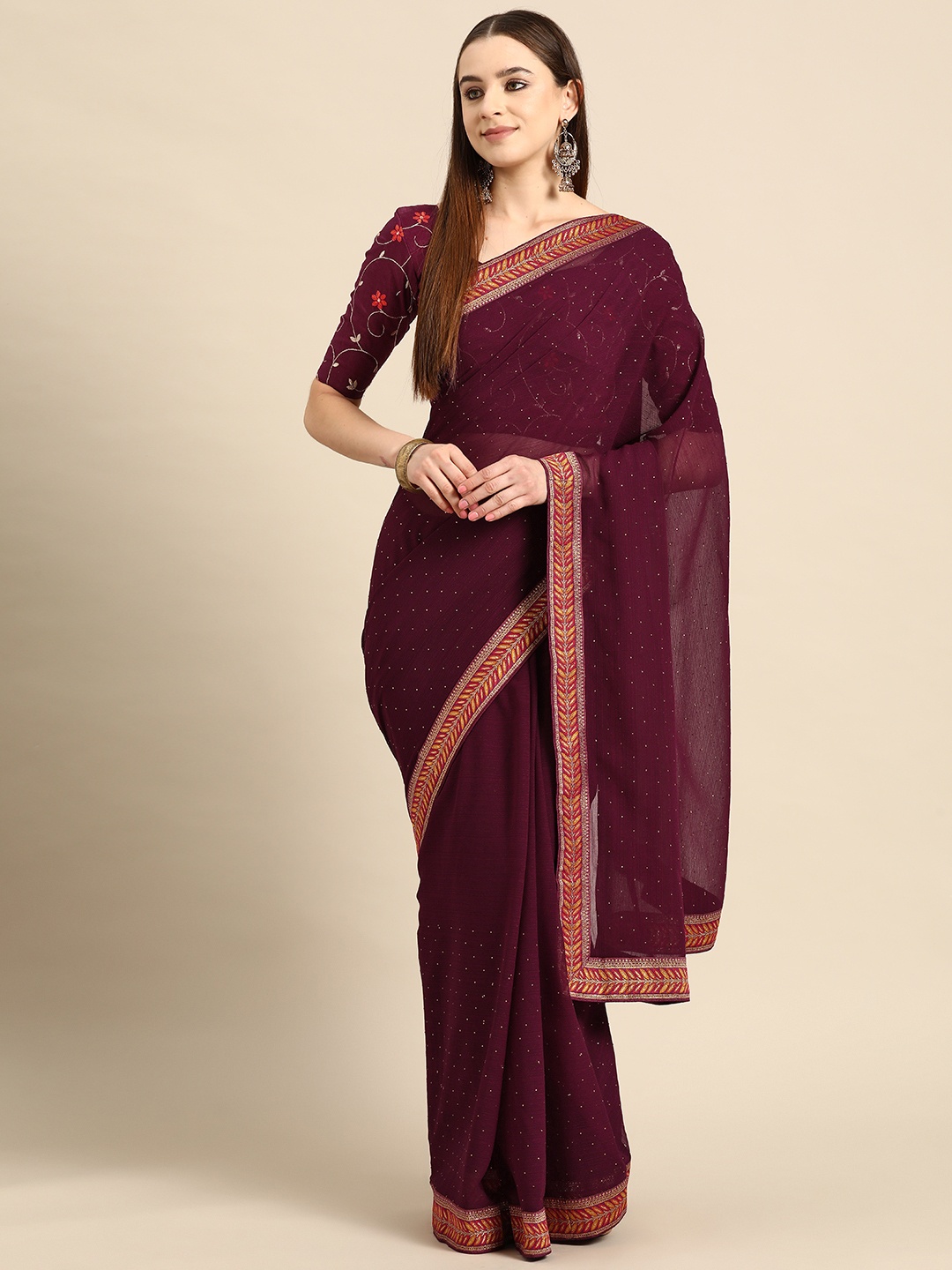

SUTRAM Maroon Embellished Poly Chiffon Saree