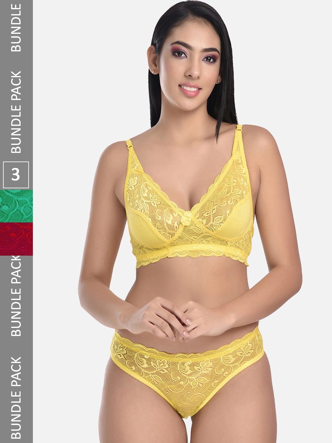 

StyFun Pack Of 3 Self Design Laced Lingerie Set VM_Ei-Ten_YellowGreenMaroon_B, Yellow