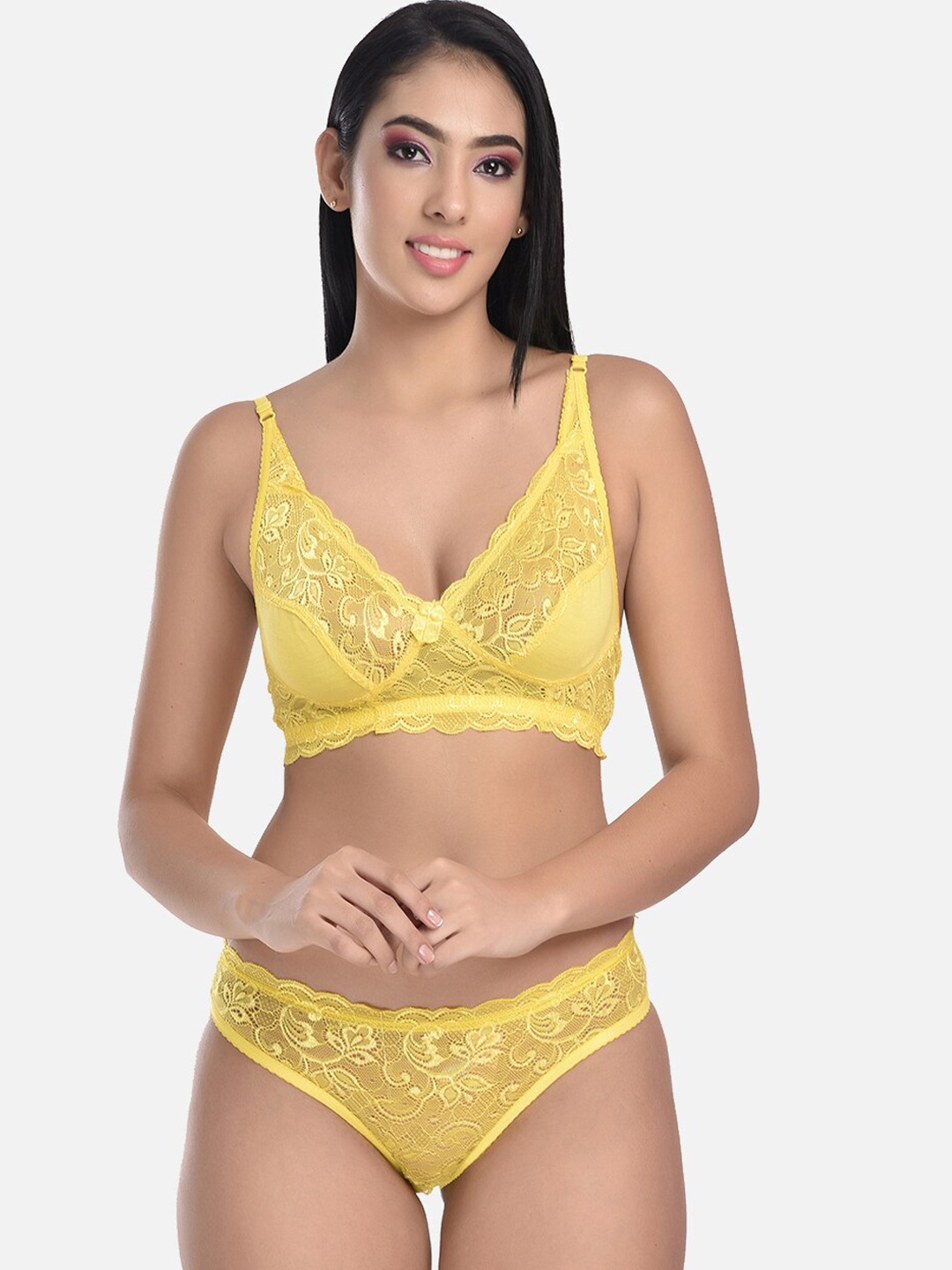 

StyFun Cotton Floral Net Lingerie Set, Yellow