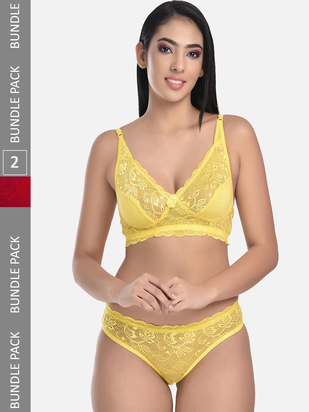 

StyFun Pack Of 2 Floral Net Lingerie Set VM_Ei-Ten_YellowMaroon_B, Yellow